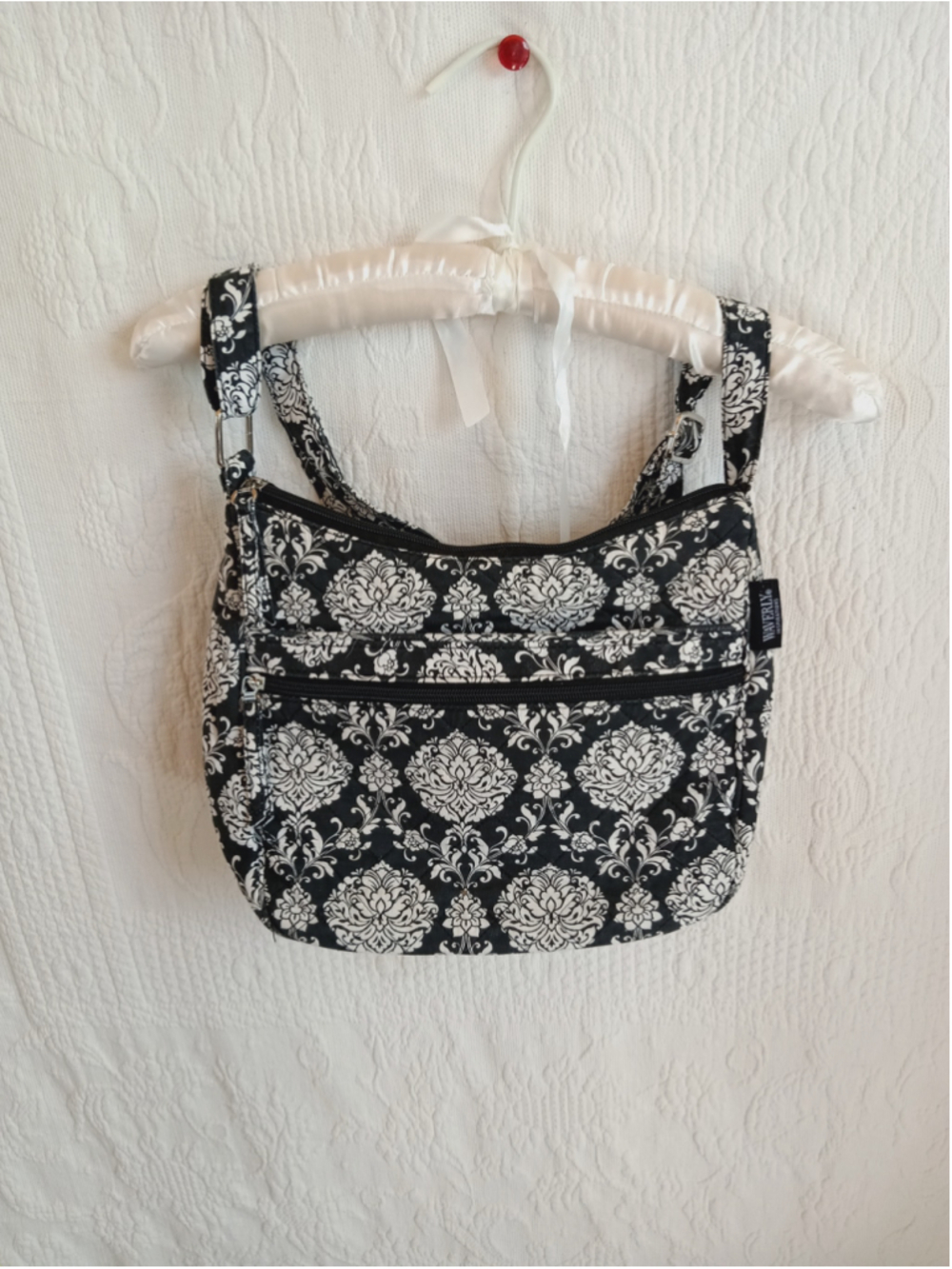 Waverly black white damask quilted crossbody bag cute soft travel purse floral - Picture 9 of 9